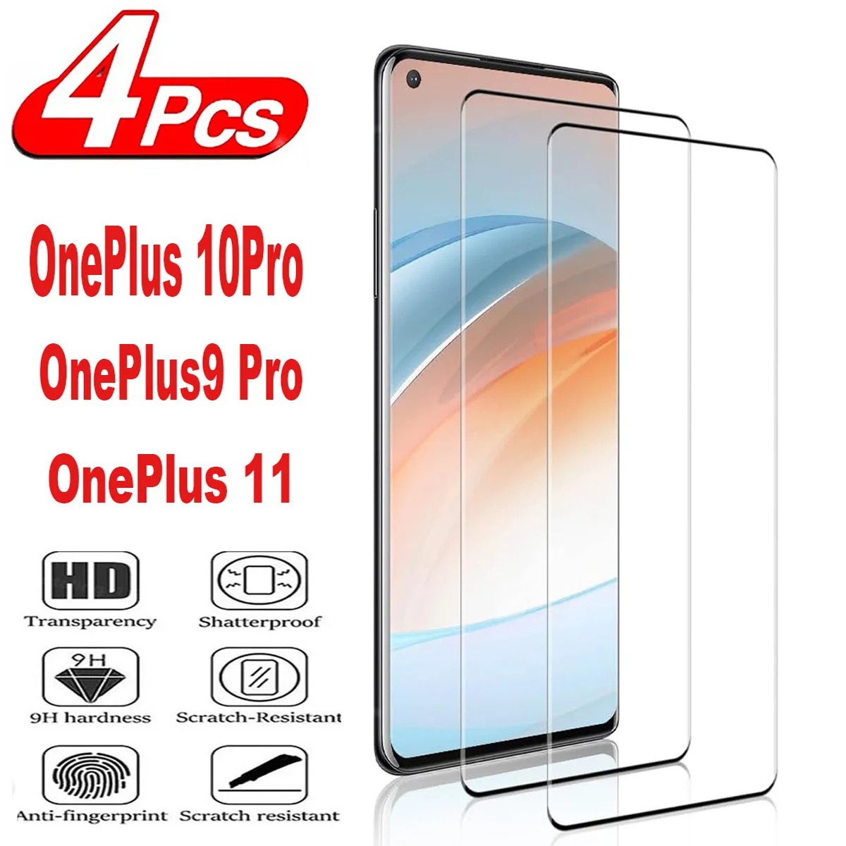

9H Tempered Glass Film For OnePlus 11 9Pro 10 Pro 2/4Pcs 3D Curved Four Sides Glue Screen Protector Glass