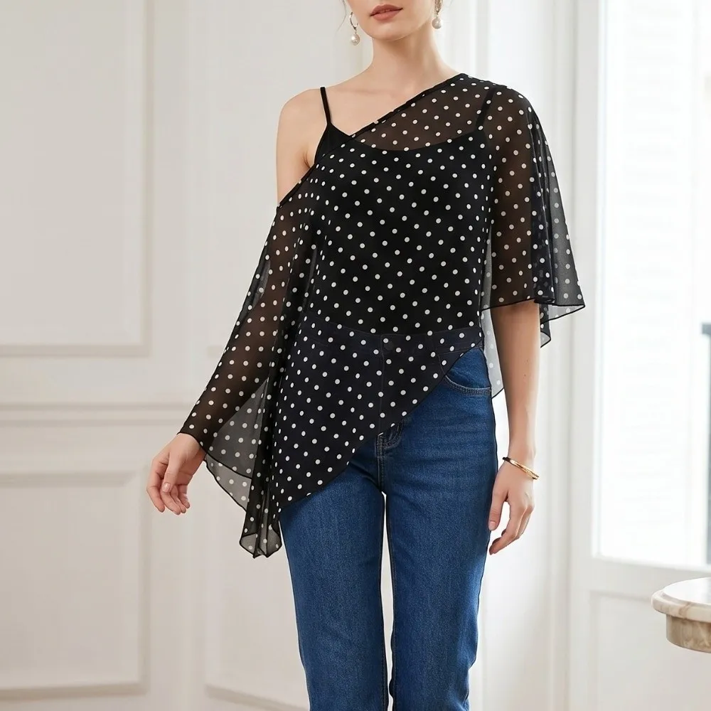Fashion Transparent Sunscreen Cover-up Polka Dot Cloak Clear Cover Shirt Short Sheer Top Loose Fit Off Shoulder Blouse Outdoor