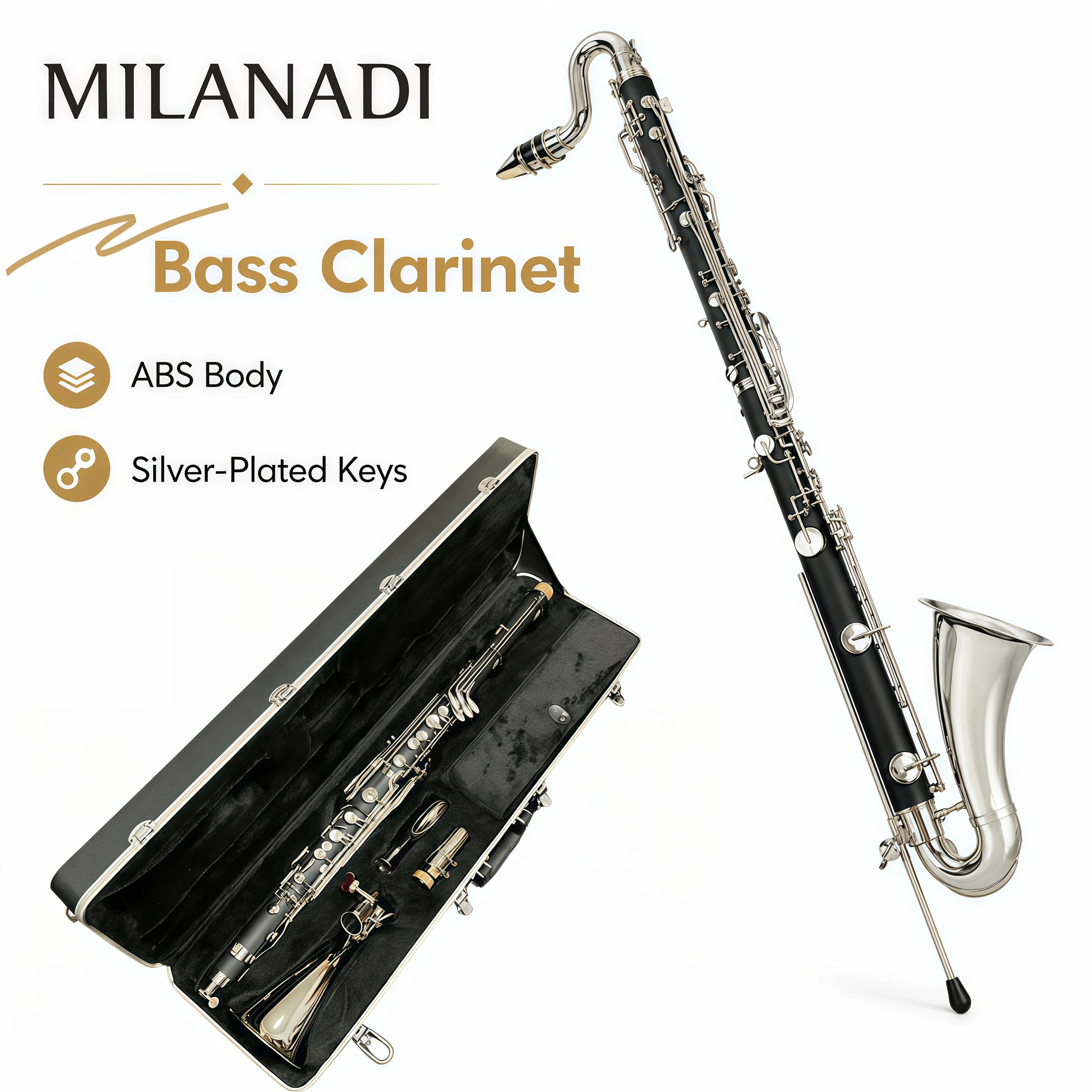 Professional Bass Clarinet ABS Body Low E Bb Tuned Silver Plated Keys Music Instrument