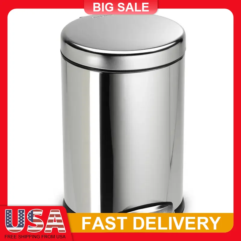 

45L Round Step Trash Can Stainless Steel Silent Close Lid Heavy Duty Pedal Fingerprint Proof for Bathroom Office Small Space