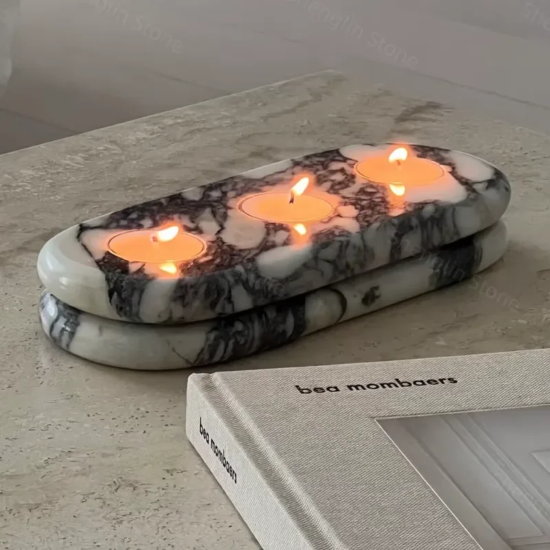 Modern Oval Pebble Stone Candle Holder Luxury Caracatta Violet Marble Tea Light Stand Durable Eco Friendly Tabletop Home