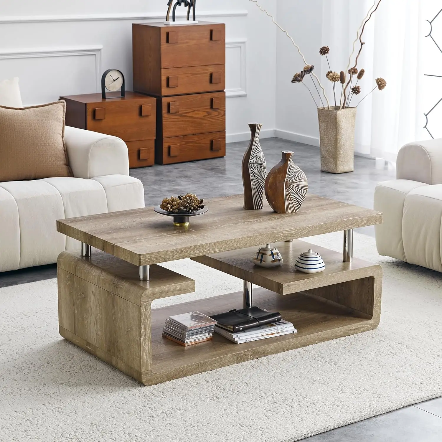 

43.5" Coffee Table, 3-Tier Modern Center Table with Storage, Large Wood Coffee Table for Living Room, Office, Apartment