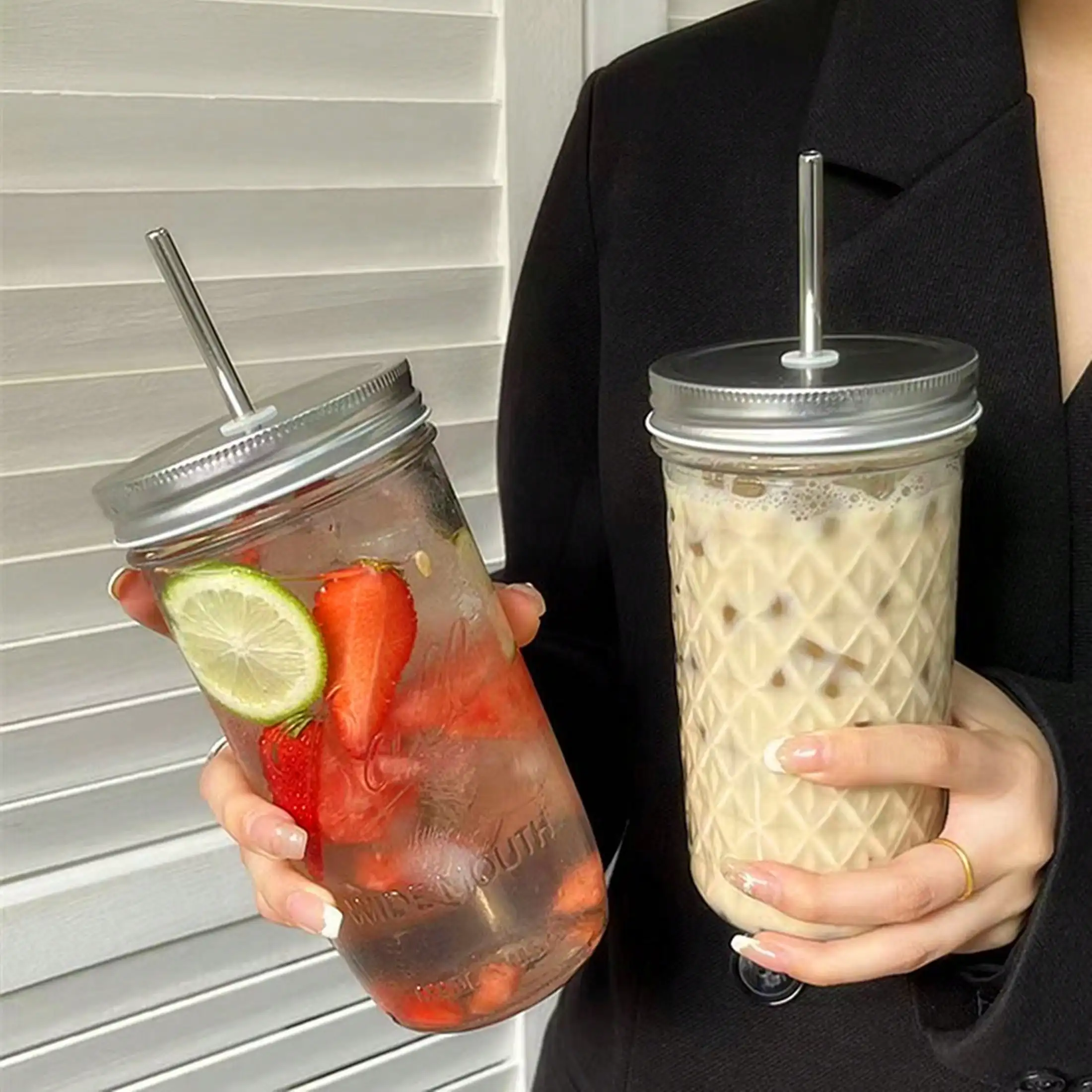 Vaso de Vidrio para Café de 650 ml con Tapa y Pajita, Vasos Transparentes para Beber, Vaso de Vidrio para Té, Jugo, Café Helado, Tazas para Bebidas