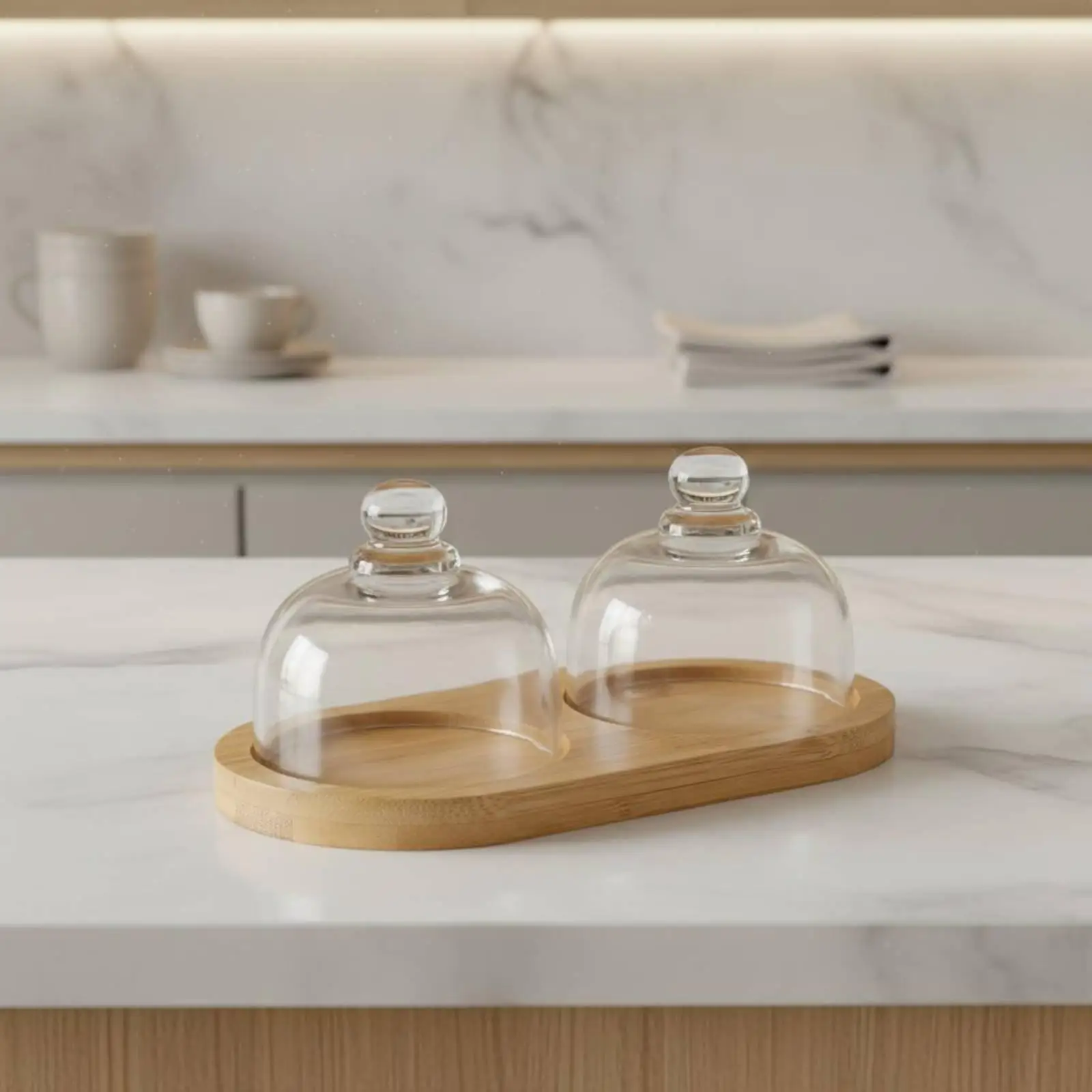 Glass Cloche Wooden Base Retro Simple Design Glass Cover Serving Tray Dustproof Dessert Cloche Display Set for Caterers,