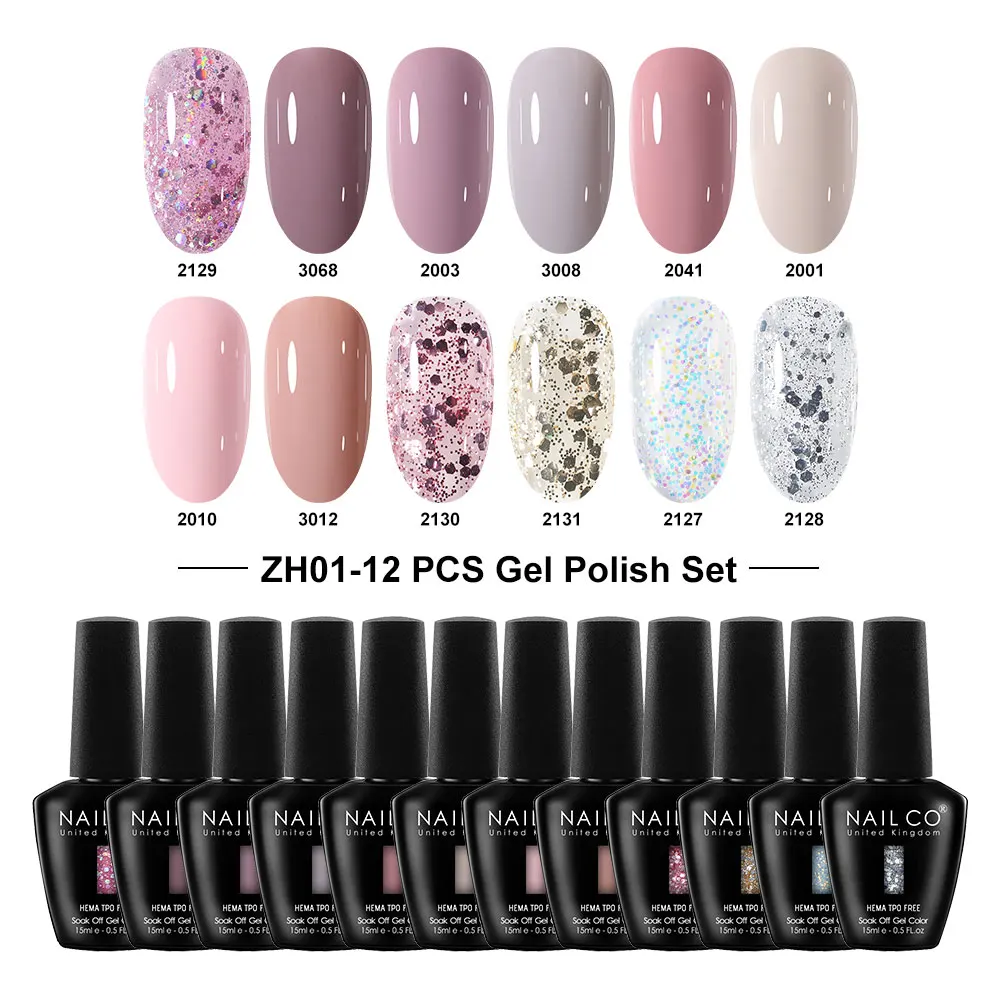 

NAILCO 12Pcs/Set Gel Nail Polish Soak Off UV LED Nail Varnish Kit Glitter Semi Permanent Nail Gel For Manicure Base Top Coat DIY