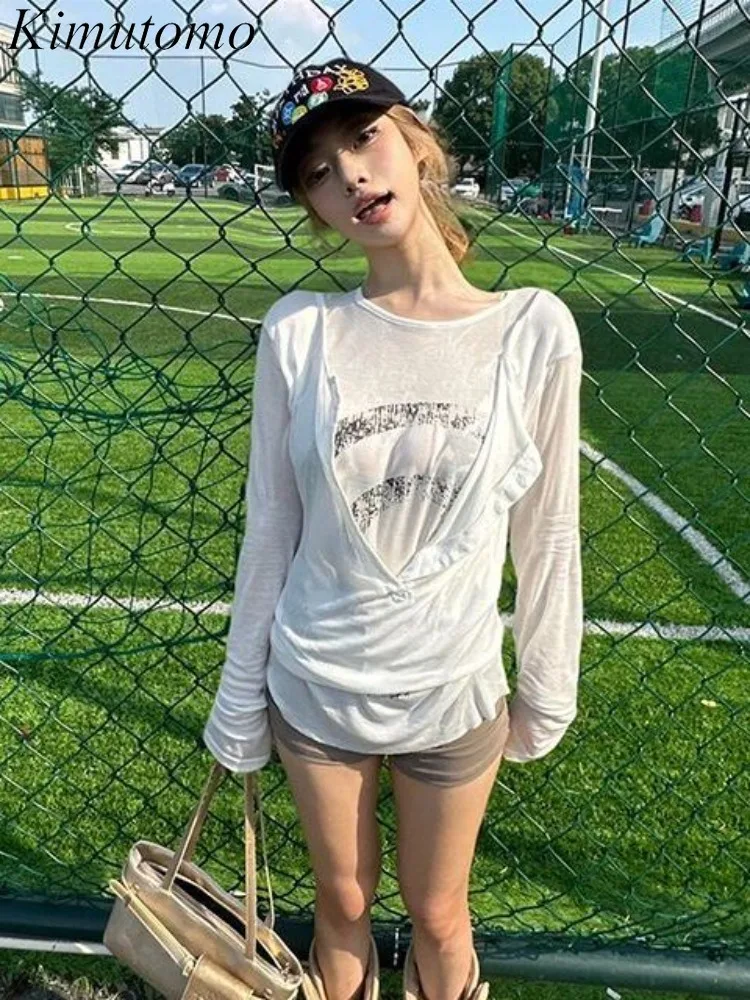 

Kimutomo Women T Shirts Fake Two Piece Patchwork Long Sleeve Printing Y2k Aesthetic Harajuku Tops Female Casual Tee Autumn