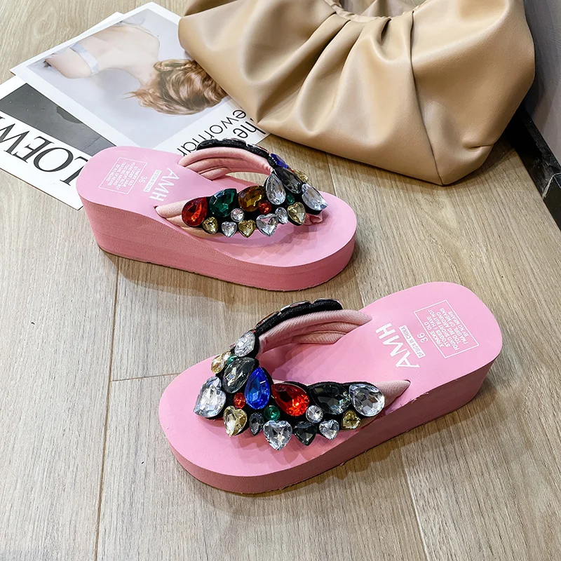 New Sandals Women Summer Fashion Holiday Beach Shoes 2023 Wedge Heel Rhinestone Platform Flip-Flops Flat Bottom