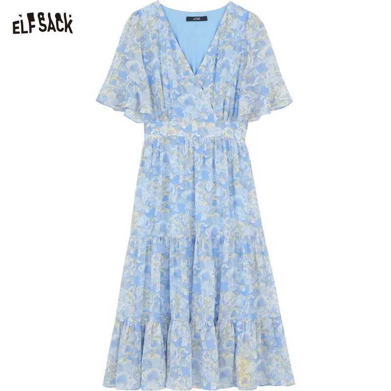 ELFSACK French V-neck floral dress for women\'s 2024 spring new collection waist style vacation dress