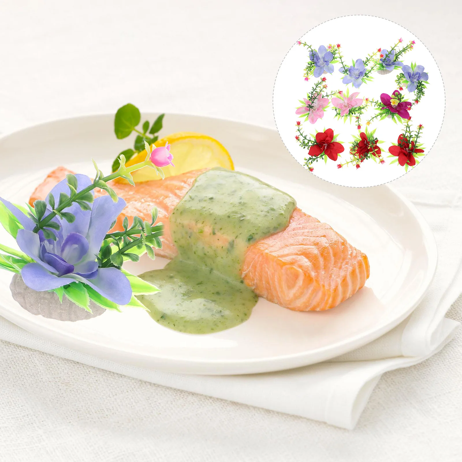 

10pcs Sushi Sashimi Display Decor Artificial Flower Grass For Hotel Restaurant Salad Plate Pvc Fake Plant Accessory