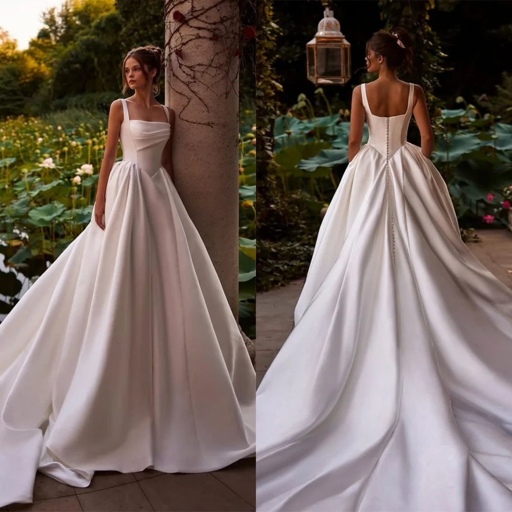 

Customized High Quality White Satin Bridal Gowns Simple Square Collar Spaghetti Straps Wedding Dress Buttons Back Dresses