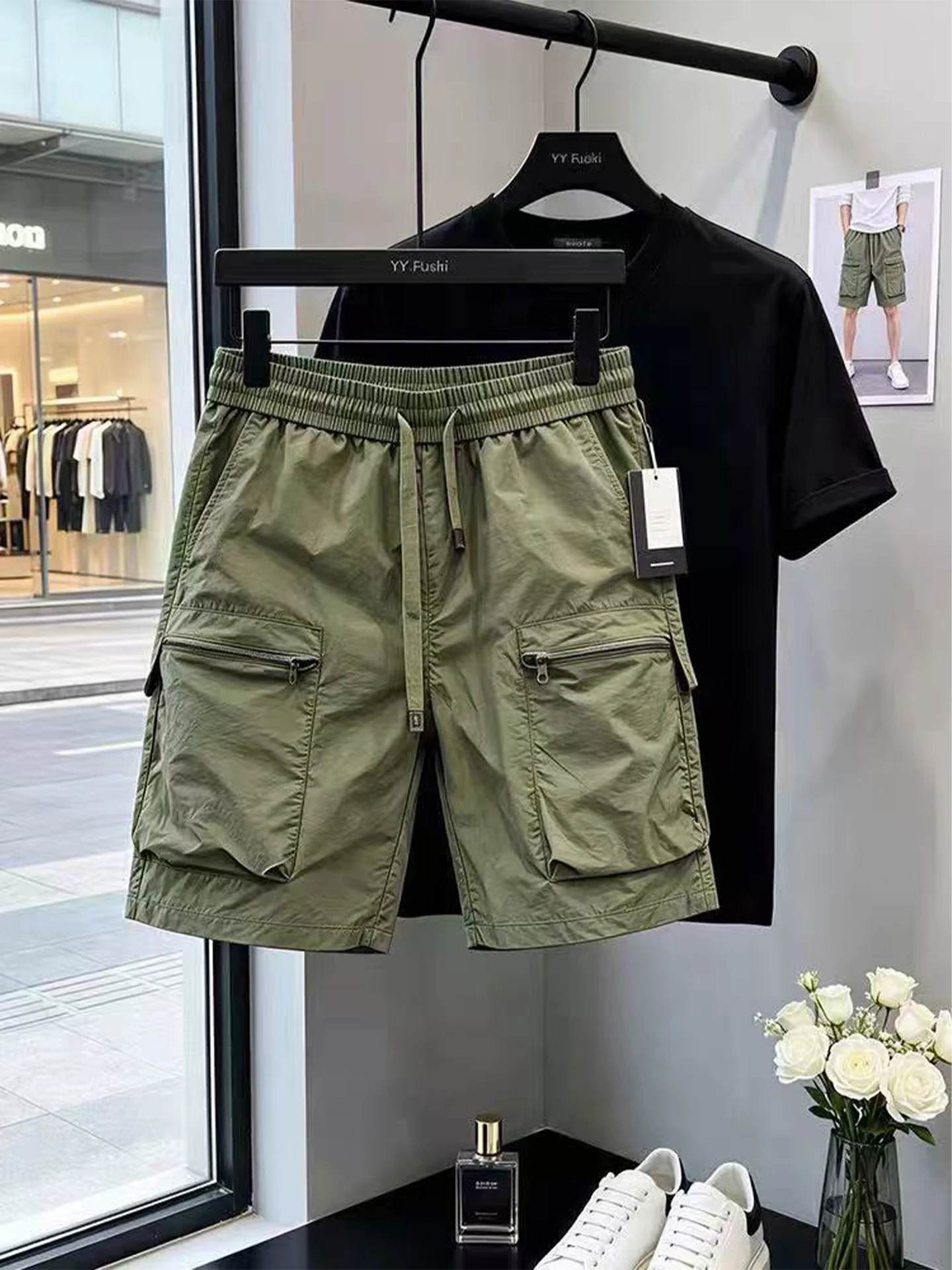 

Quick Dry Military Green Nylon Workwear Shorts Men's Summer Trendy Zipper Large Pocket Five-Quarter Loose Casual Pants