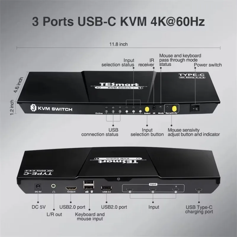 KVM Switch 3 Port USB C Hub Docking Station for 3 Computers and 1 Monitors 4K 60Hz 3 in 1 Out Type C KVM Switcher