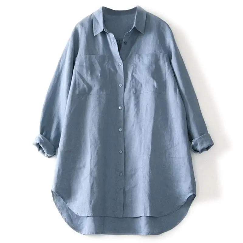 Fre Sle Mittellanger Kragen Leinen irt Damen Premium Japanisches Sle Herbstoberteil Baumwolle Leinen Materialfarbe