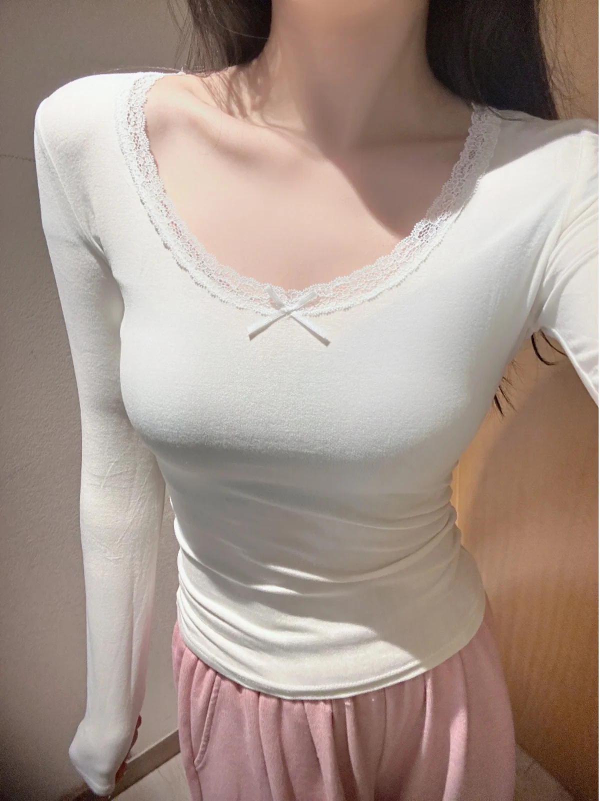 

Теплая базовая футболка Miuju Lace Heart Pure Desire с узлом, высокой эластичностью и круглым вырезом, для осени и зимы