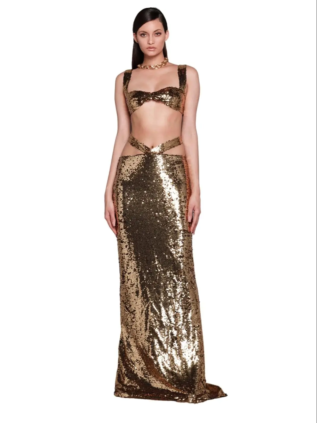 

New Summer 2023 Women Sexy Brown Glitter Maxi Long Skirt Suit 2 Pieces Set Elegant Evening Club Sparkly Party Skirt Suit