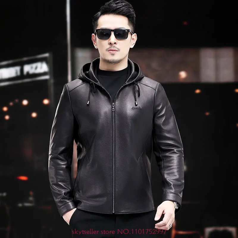 

High Quality Real Leather Jacket Men Fashion Brand Black Genuine Sheepskin Leather Jackets hooded Coats