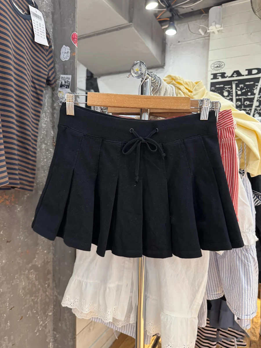 

New Black Drawstring Mini Pleated Skirts Women Summer Elastic Waist Lace-up A-line Faldas Sweet Preppy Style Vintage Short Skirt