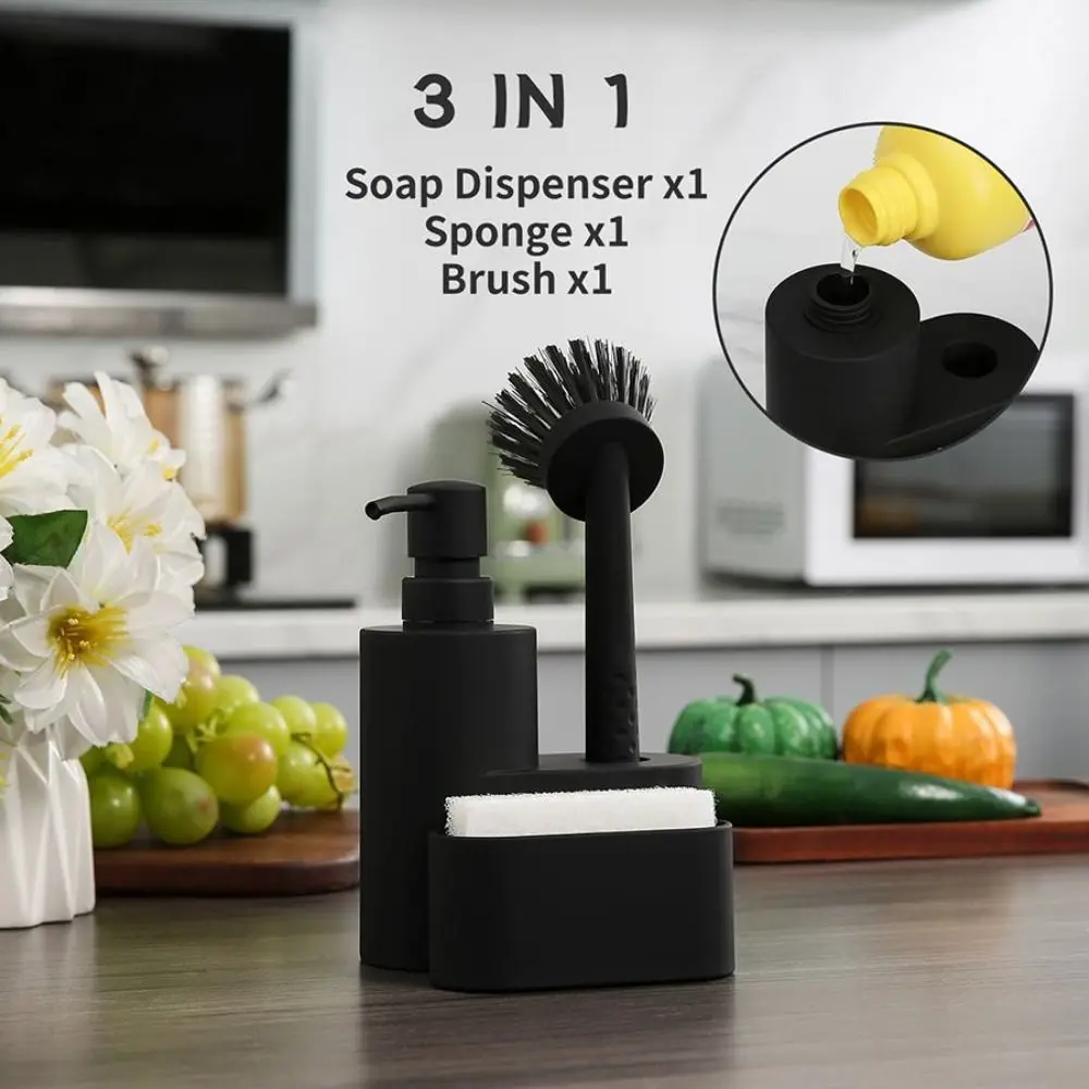

Durable 3 in 1 Kitchen Soap Dispenser 340ml Waterproof Sink Organizer Rack with Sponge & Brush ABS Cleaning Tool Storage