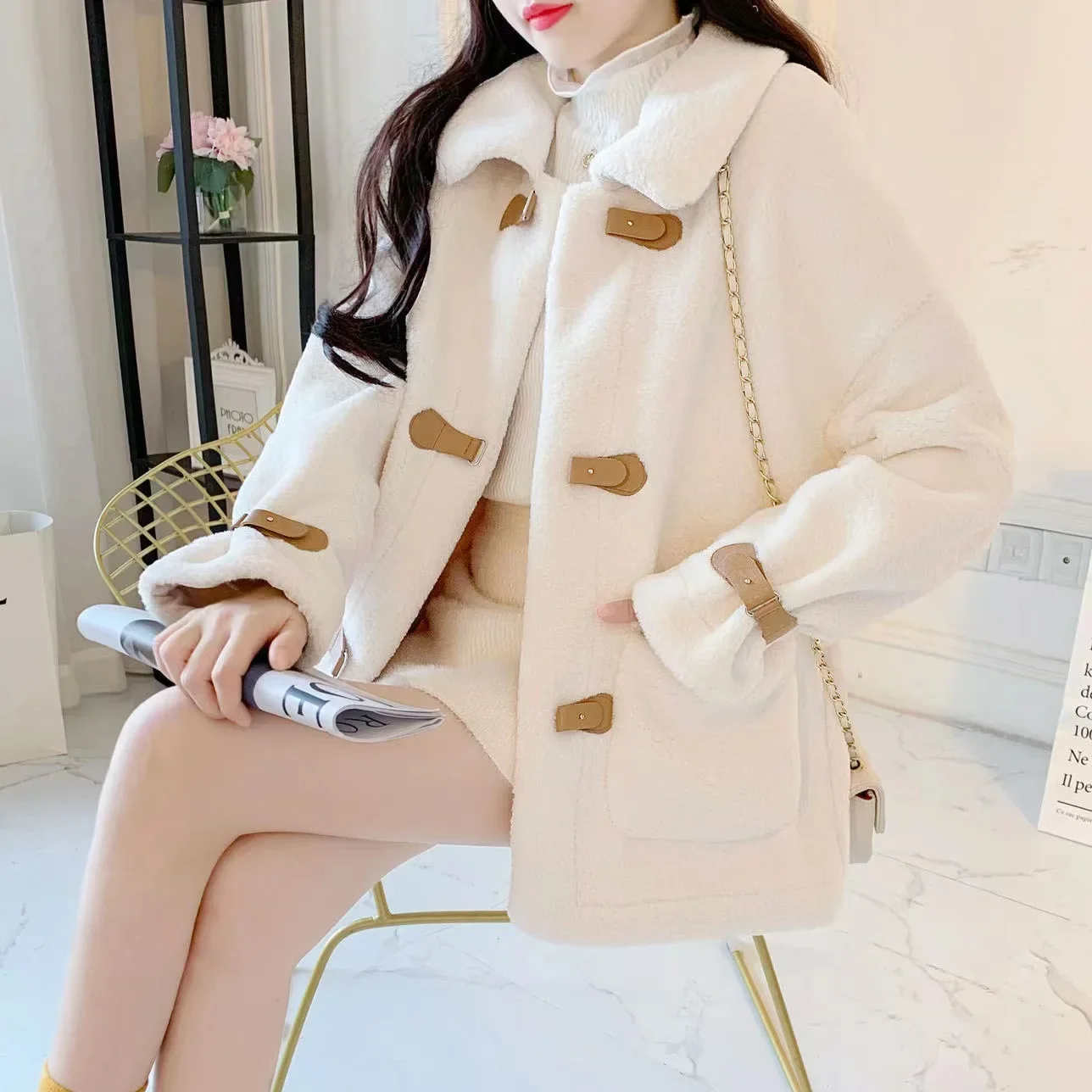 New  Lamb Wool Women's Jacket Vintage Loose-Fit Versatile Cropped Tweed Style Jacket Thick Material Autumn/Winter