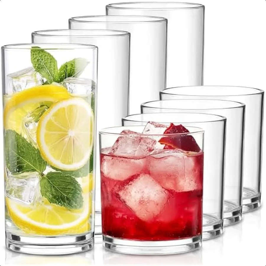 

Plastic Drinking Glasses Set of 8 14oz Rocks and 20oz Water Cups Unbreakable Plastic Glasses Drinkware Clear Kitchen Tumblers f