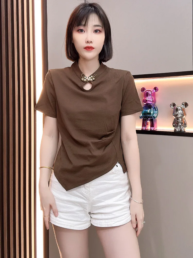 Summer Faion Asymmetrical oulder Hollow out ort Sve Slim Fit Women's T-irt Retro Commute Sle Creative Pattern