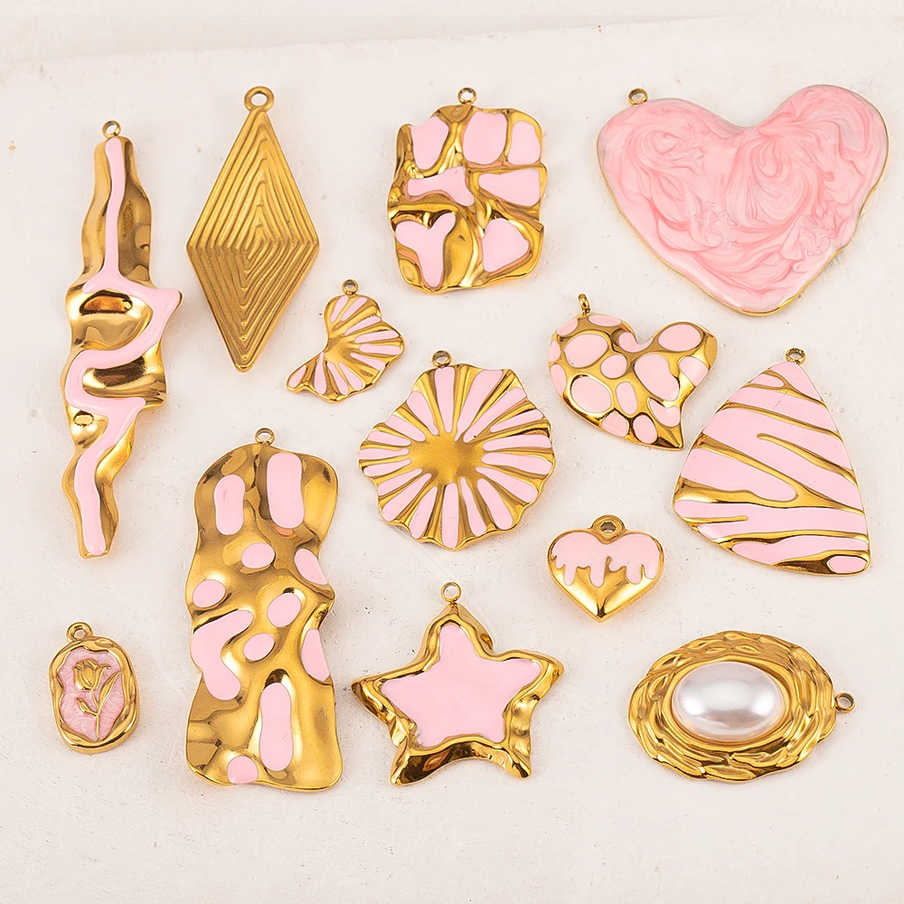 2pcs Gentle Pink Enamel Stainless Steel Charms Rose Flower Starfish Butterfly Necklace Pendant Women DIY Earring Jewelry Making