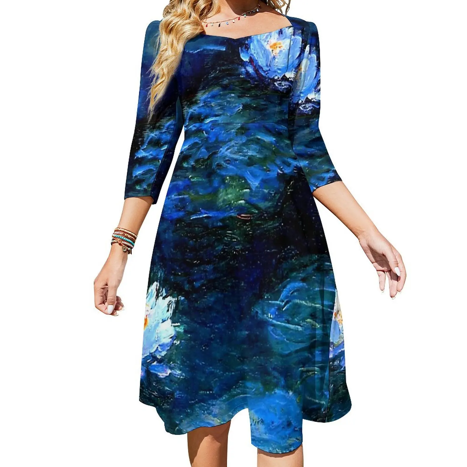 Oil Painting Casual Dress Woman Water Lilies Monet Aesthetic Dresses Modern Dress With Bow Summer Big Size Vestidos