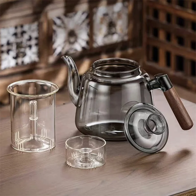 1000ml Easy Water‑Filling Borosilicate Glass Teapot Removable Glass Tea Strainer Wooden Heat‑Resistant Handle Tea‑making Pot