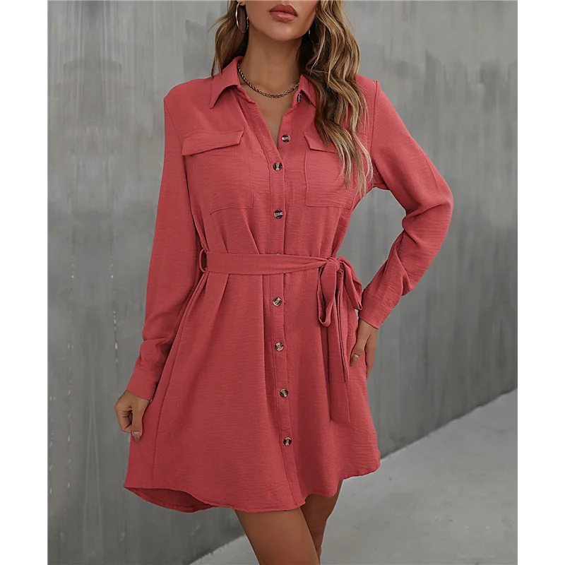 Robe chemise boutonnée à manches longues pour femmes, décontractée, ample, cravate à la taille, manches réglables, longueur