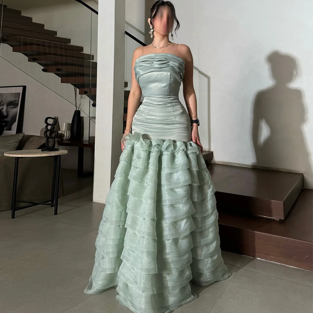 فساتين الحفلات الرسمية التفتا ألف خط فستان العودة للوطن النعناع بدون حمالات طبقات الطية الكشكشة فساتين حفلات أعياد الميلاد 2025 طويلة