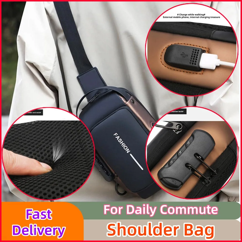 

Мужская прочная противоугонная сумка на ремне, USB-перезаряжаемая сумка на плечо, мотоциклетный телефонный пакет с застежкой-молнией для ежедневных поездок на работу ﻿