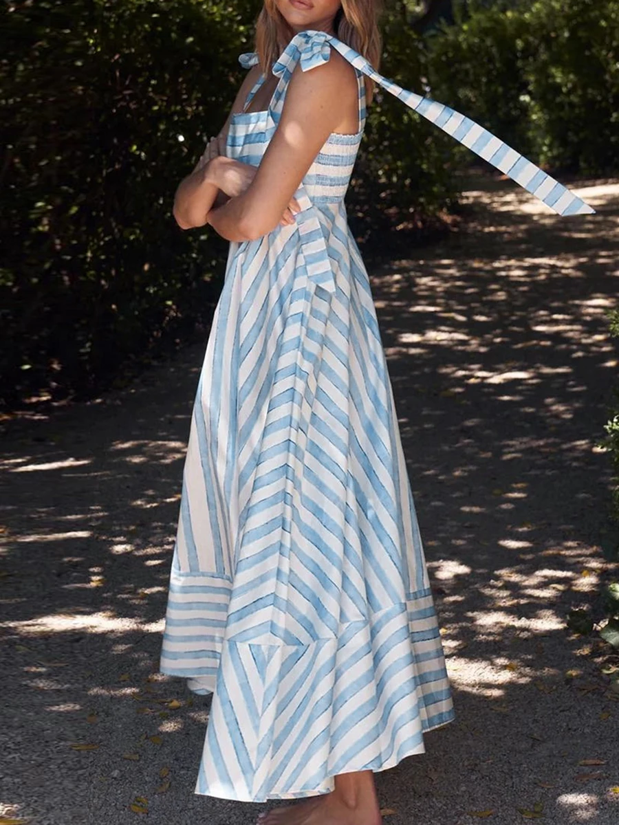 Vestido largo sin mangas para mujer, traje holgado con cuello cuadrado a rayas, con volantes y bolsillos