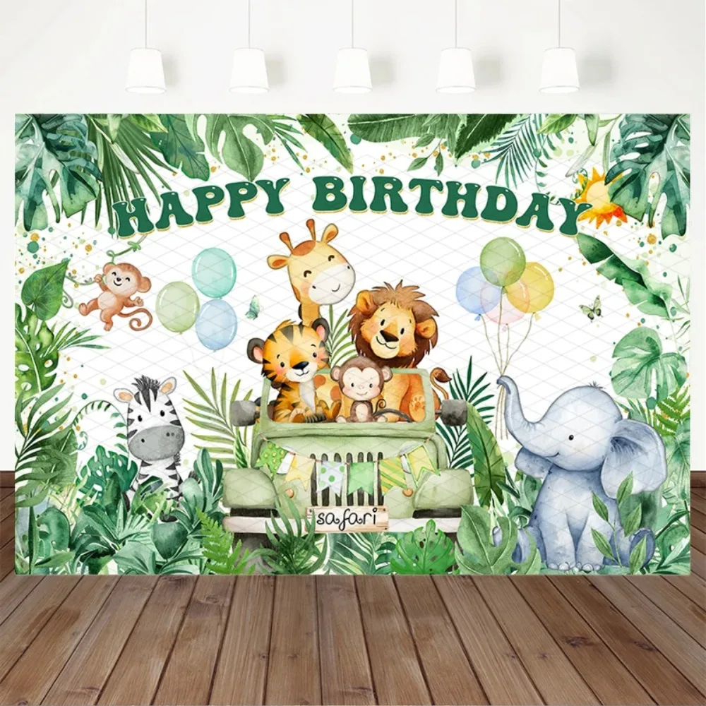 Jungle Wildlife Park Green Leaf Theme Banner Decoration Background, Children's Birthday Party Decoration Photography Background