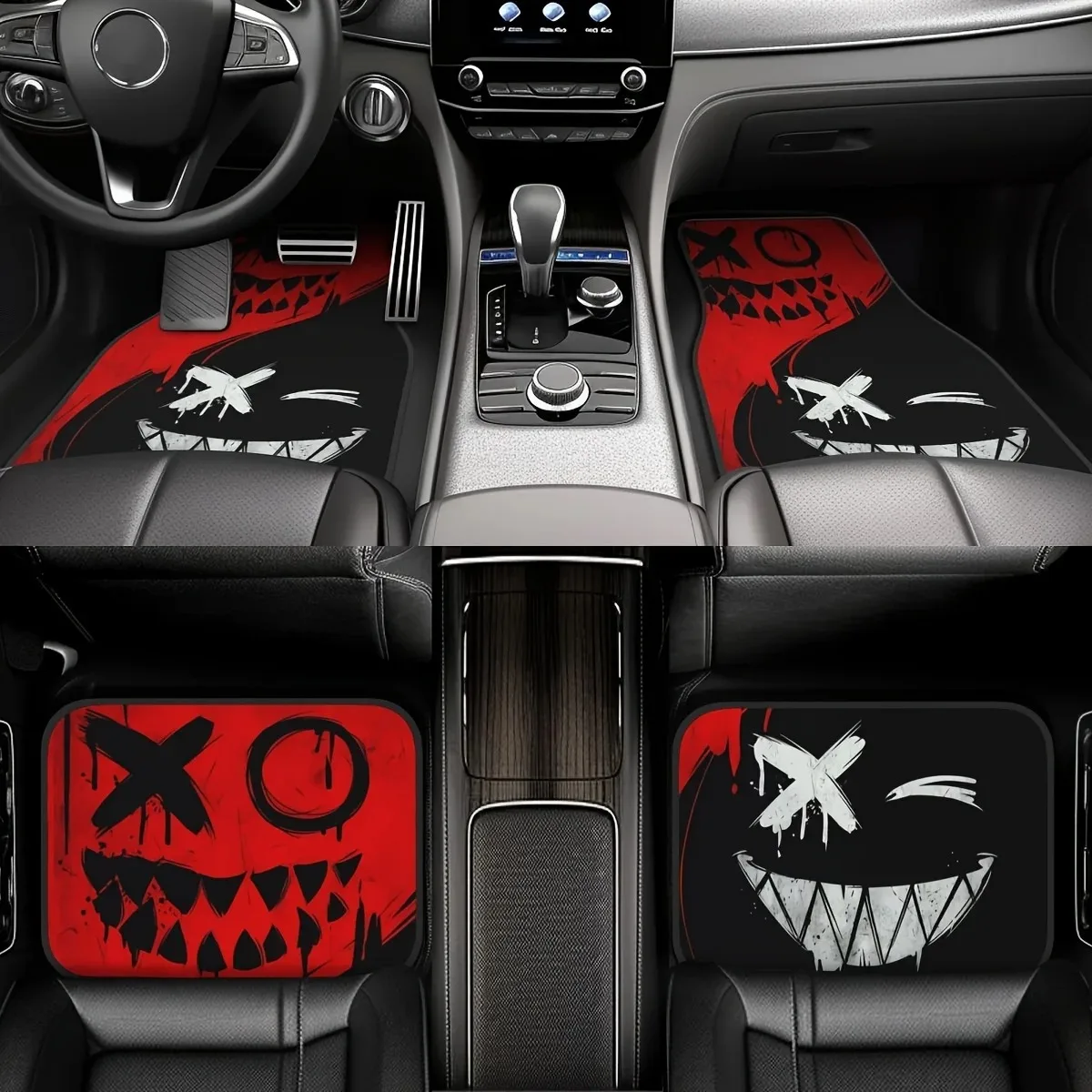 

Black Red Spooky Design Car Floor Mats 4pcs Non-Slip Dirt-Resistant Waterproof Universal Front Rear Protector Rugs Set Hallowmas