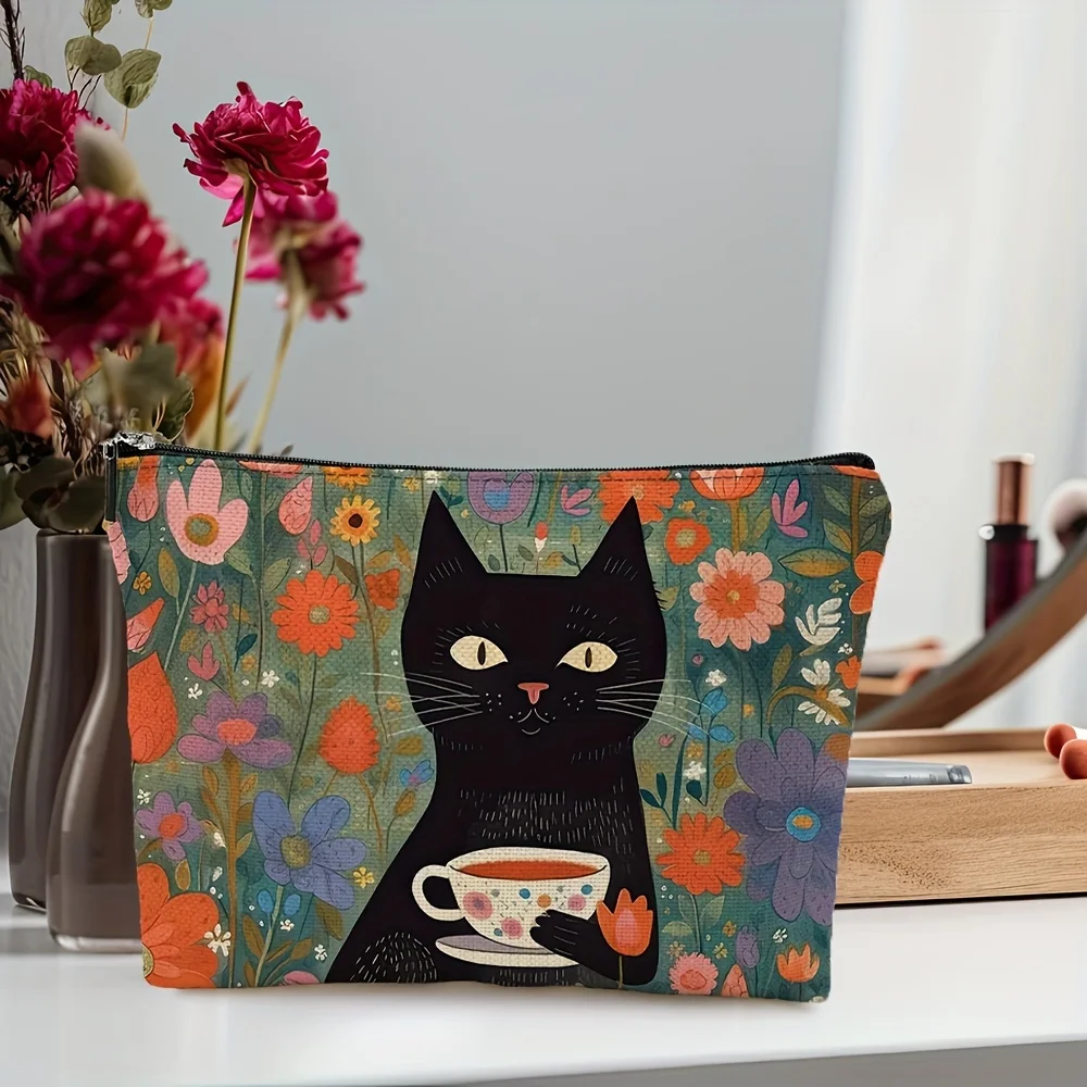 1pc Adorable Flowers and Coffee Cat Printing Cosmetic Bag Foldable Lightweight Zipper Closure Makeup Bag for Women and Girls