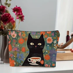 1pc adorabili fiori e caffè stampa gatto borsa cosmetica pieghevole leggera chiusura con cerniera borsa per il trucco per donne e ragazze