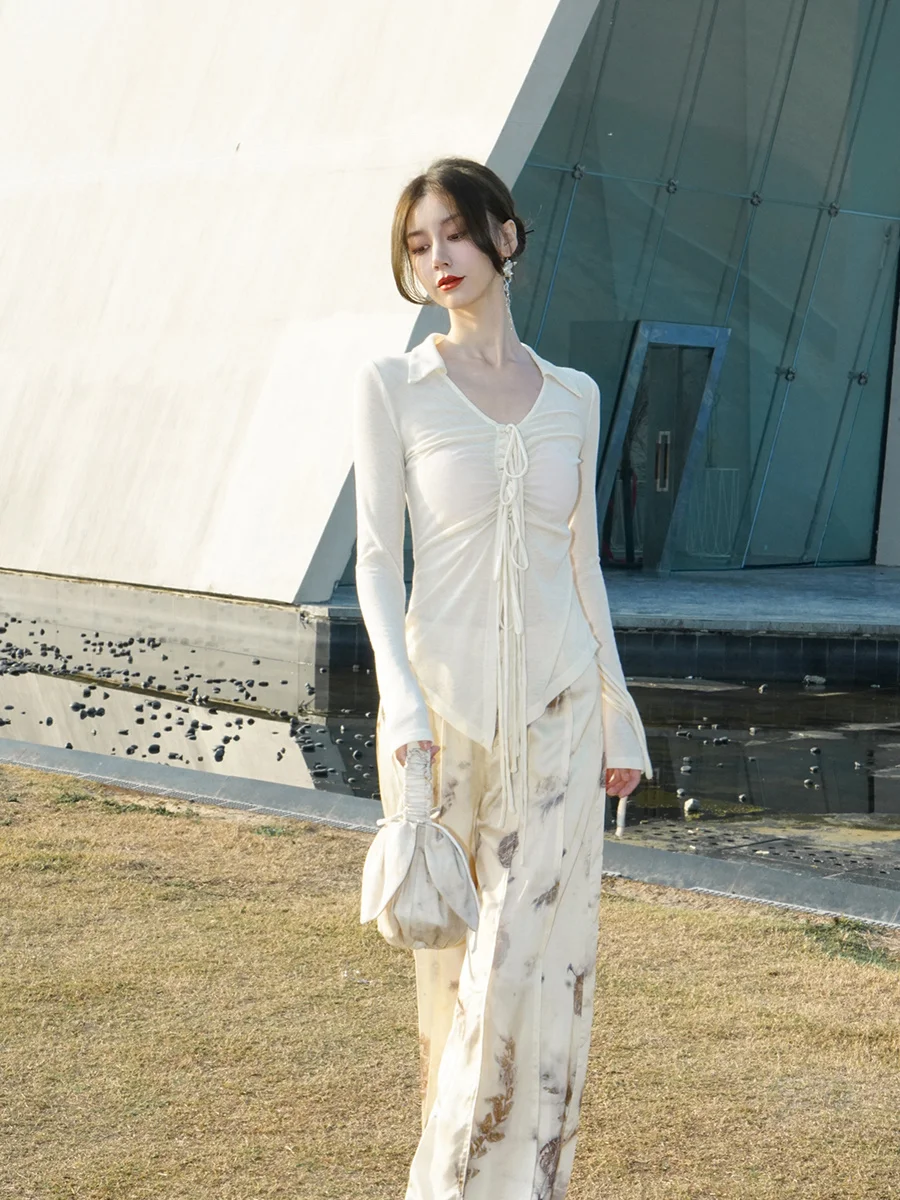 

ONMOON Вязаный кардиган с длинными рукавами, с поясом, приталенный, осенний, новый, романтичный, бежевый, с V-образным вырезом, цельный, тонкий, из смесового полиэстера