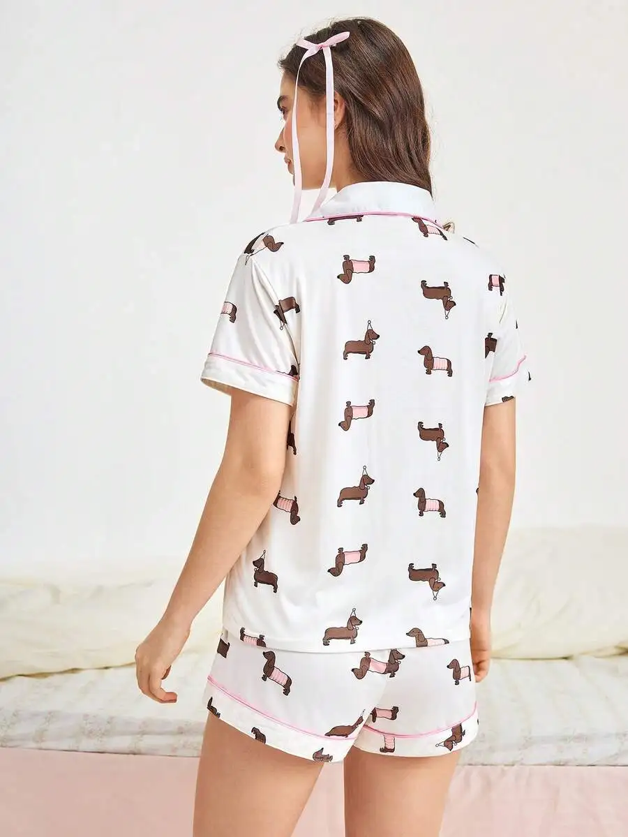 

Womens Cute Dachshund Print Short Sleeve Collar Pajama Set With Elastic Waist Shorts