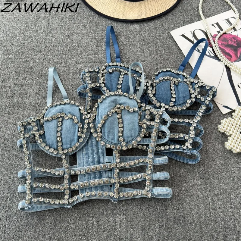 

Y2k Tanks for Women Heavy Beading Hollow Out Camisole for Female Denim Elegant Fashion Top Female Solid Color Sexy Crop Tops