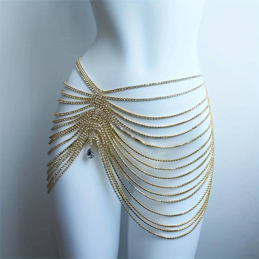 1PCS Sexy Shiny Tassel Crystal Waist Chain Women's Jewelry Fashion Luxury Nightclub Bridal Party Water Drop Pendant Body Chain