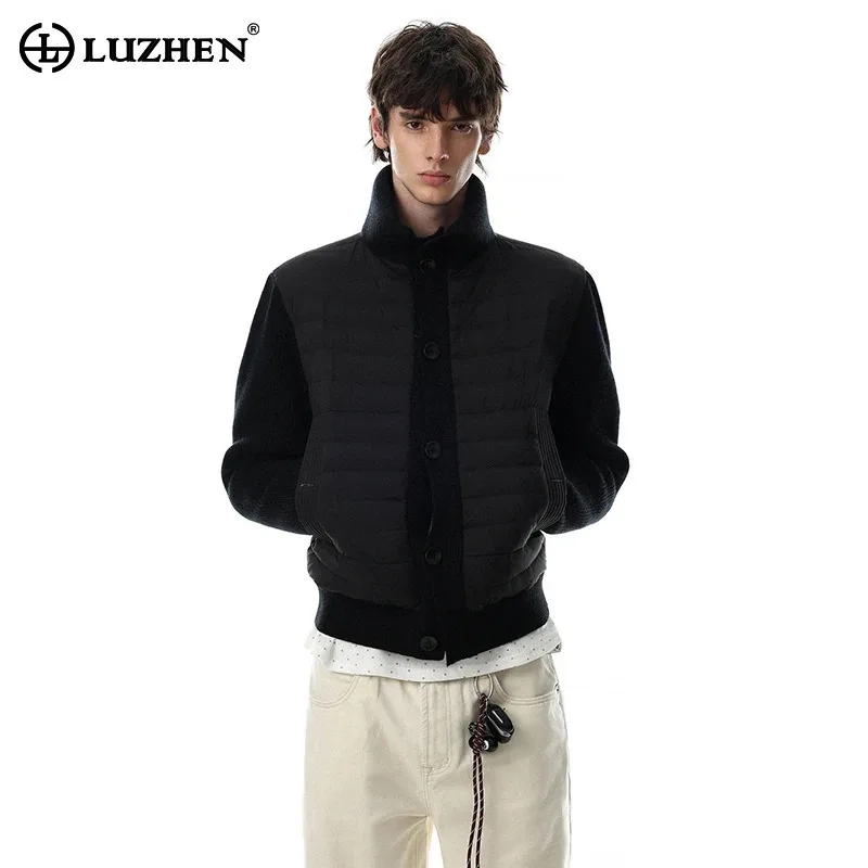 LUZHEN 2026 New Fashion Elegant Temperament Splicing Knitted Sleeve Stand Collar Padded Coat Men Solid Color Parka Jacket JY9528