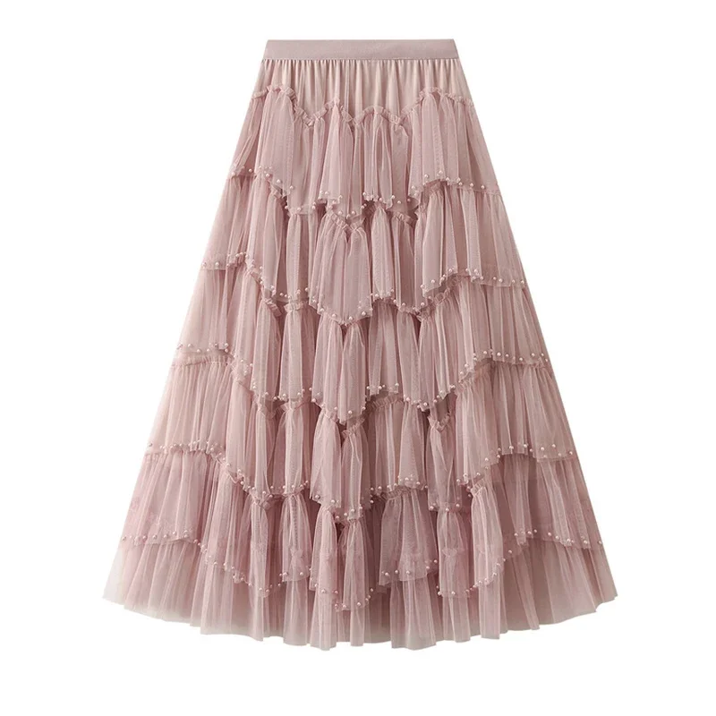 

Women Maxi Tiered Tutu Tulle Skirt New Fashioa Beading High Street A Line High Waist Long Mesh Skirt Female Pink Z664