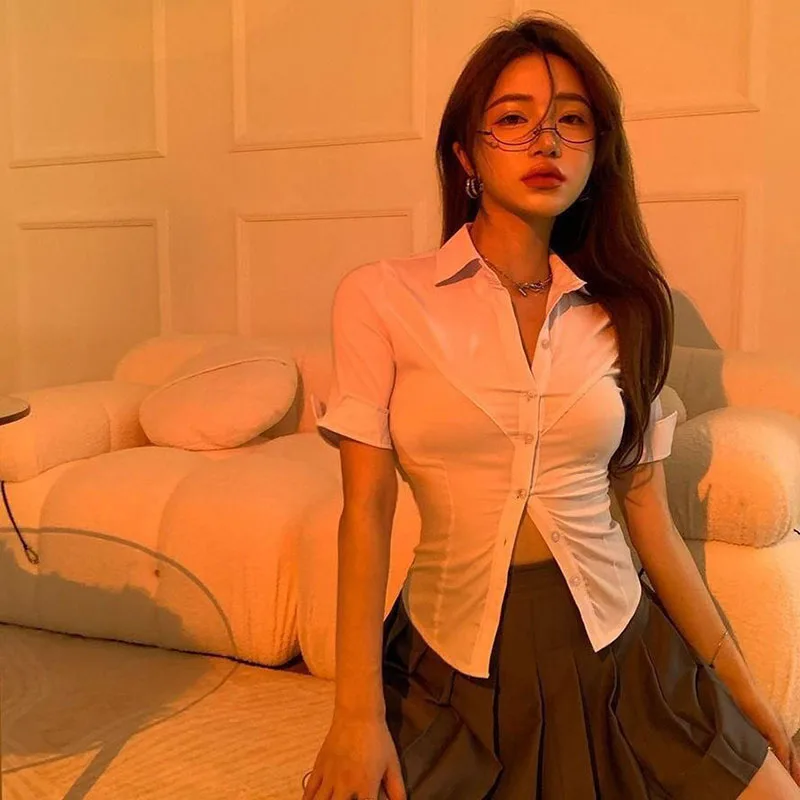 Lucyever Y2K White Women Crop Shirts Sexy Slim Fit Short Sleeve Blouses Ladies Korean Summer New Office All Match Button Top — zdjęcie 5