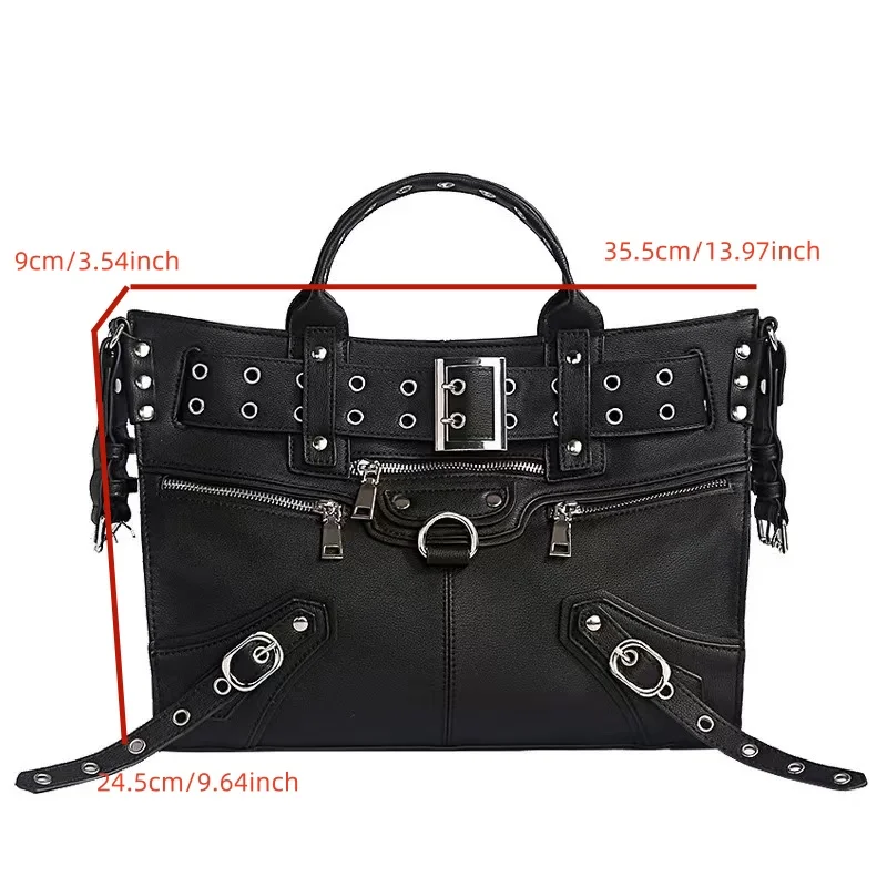 JIOMAY Women Black Goth Bag 2024 Fashion Woman Ladies Moto and Biker Style Shoulder Bag Rivet Belt Large Capacity Tote Bag