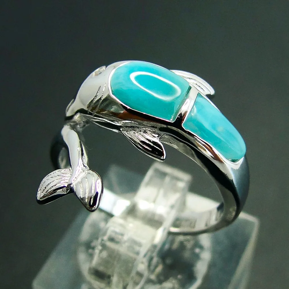 Cute Dolphin Tail Rings Natural Larimar Gemstone Woman Rings In Real 925 Sterling Silver Fine Jewelry