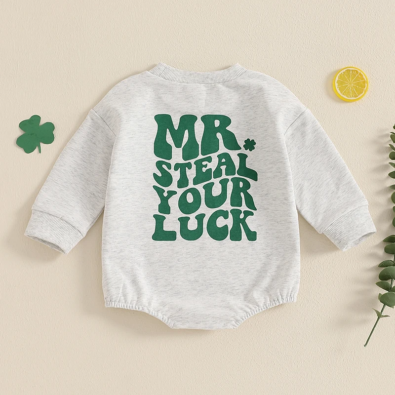 Baby Boy Sweatshirt Romper Casual Irish Day Letter Clover Print Long Sleeve Jumpsuit for Infant Toddler Fall Outfit