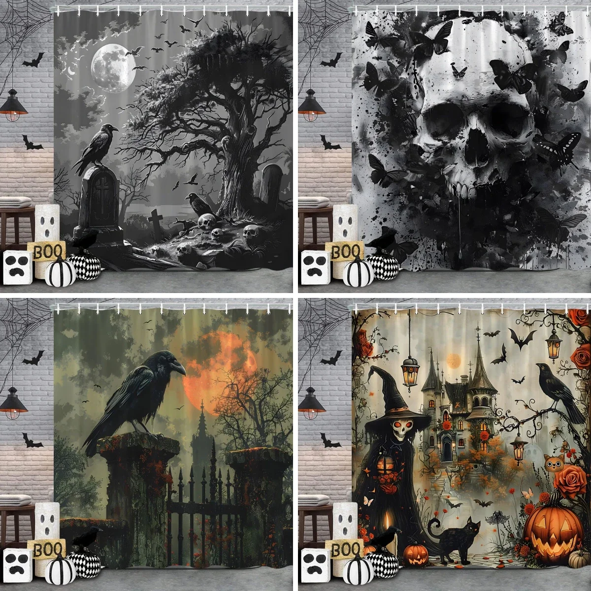 Gruseliger Horror Halloween Skelett Krähe Duschvorhang Schwarze Fledermaus Schwarze Katze Polyester Stoff Badvorhang Badezimmer Dekor mit Hoo