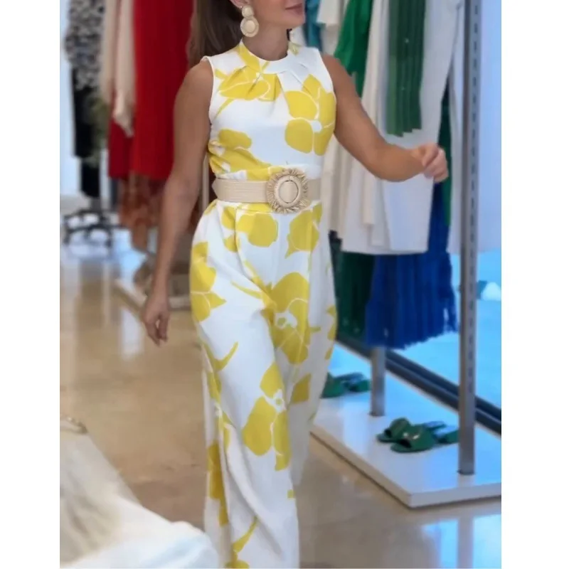 

New fashion temperament printed sleeveless women's wide-leg jumpsuit simple, elegant and versatile high-end vacation style party