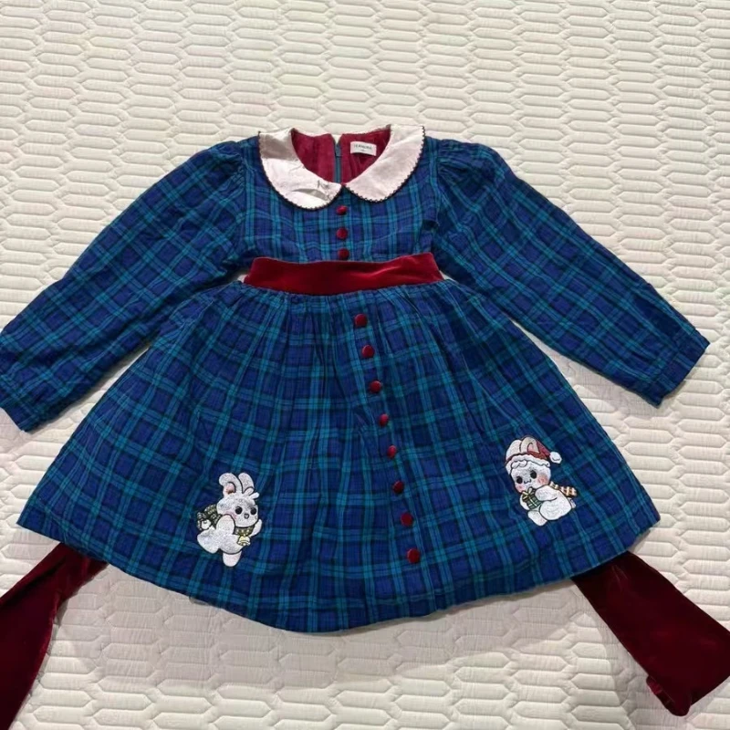 1-10years Winter Girl Dress Embroidered Princess Blue Velvet Petal Collar Dress Spanish Children Dress Girls Eid Christmas Gift