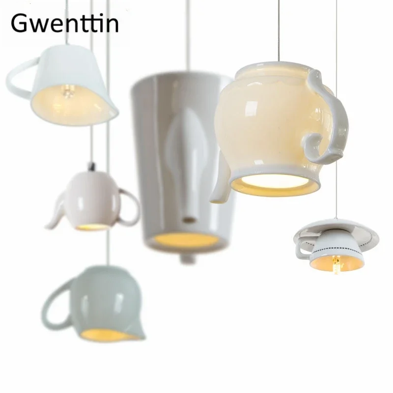 Modern Ceramic Led Pendant Lights Nordic Cup Teapot Hanging Lamp Living Room Kitchen Lighting Fixtures Home Loft Decor Luminaire